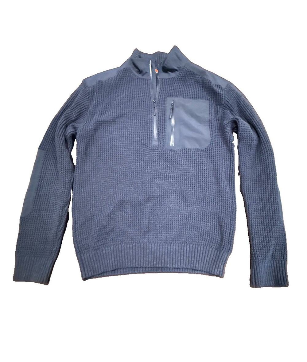 Bass Outdoor Mens M Quarter Zip Waffle Knit Sweater Pullover Navy Blue Pocket